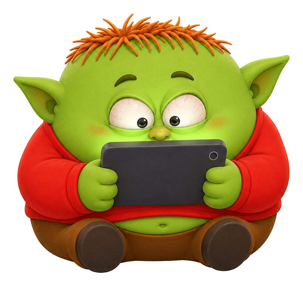 Goblin with bloodshot eyes glued to a phone