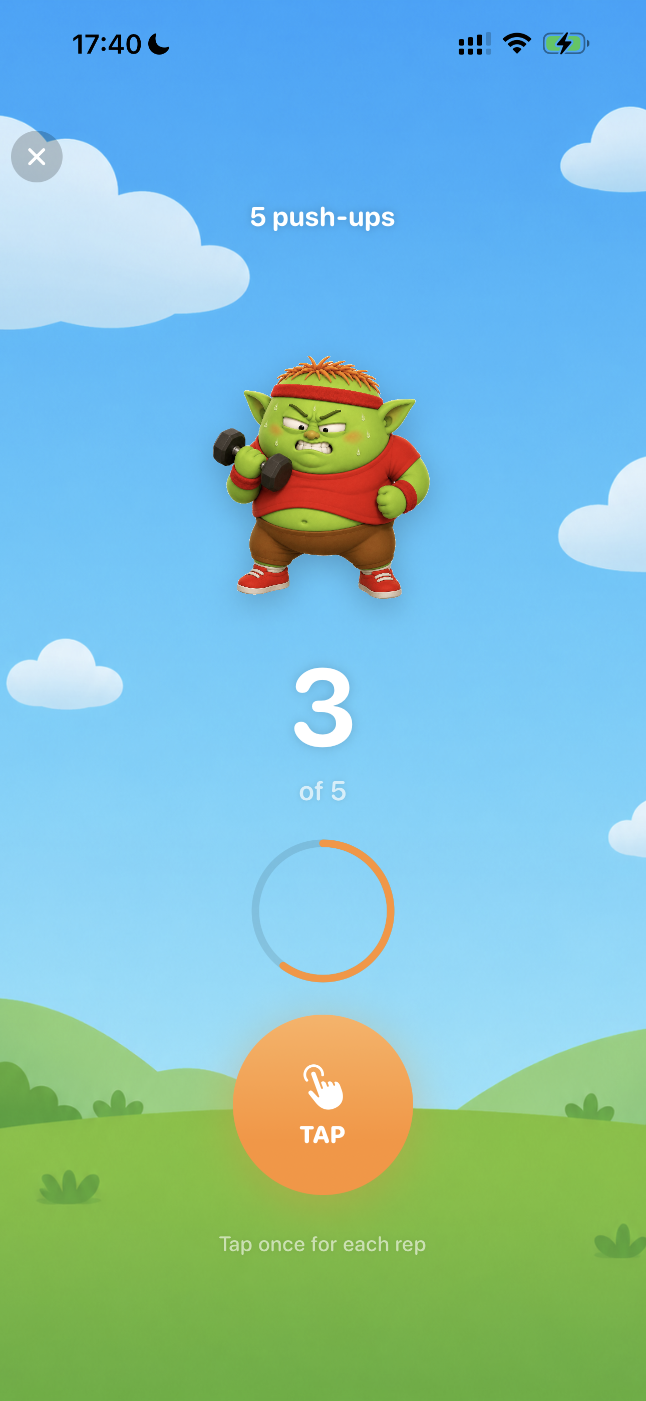 5 push-ups quest screen with the fitness goblin